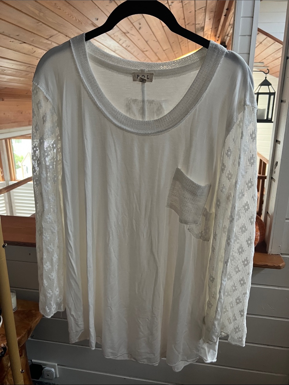 POL White Long-Sleeve Top with Lace Sleeves and Pocket